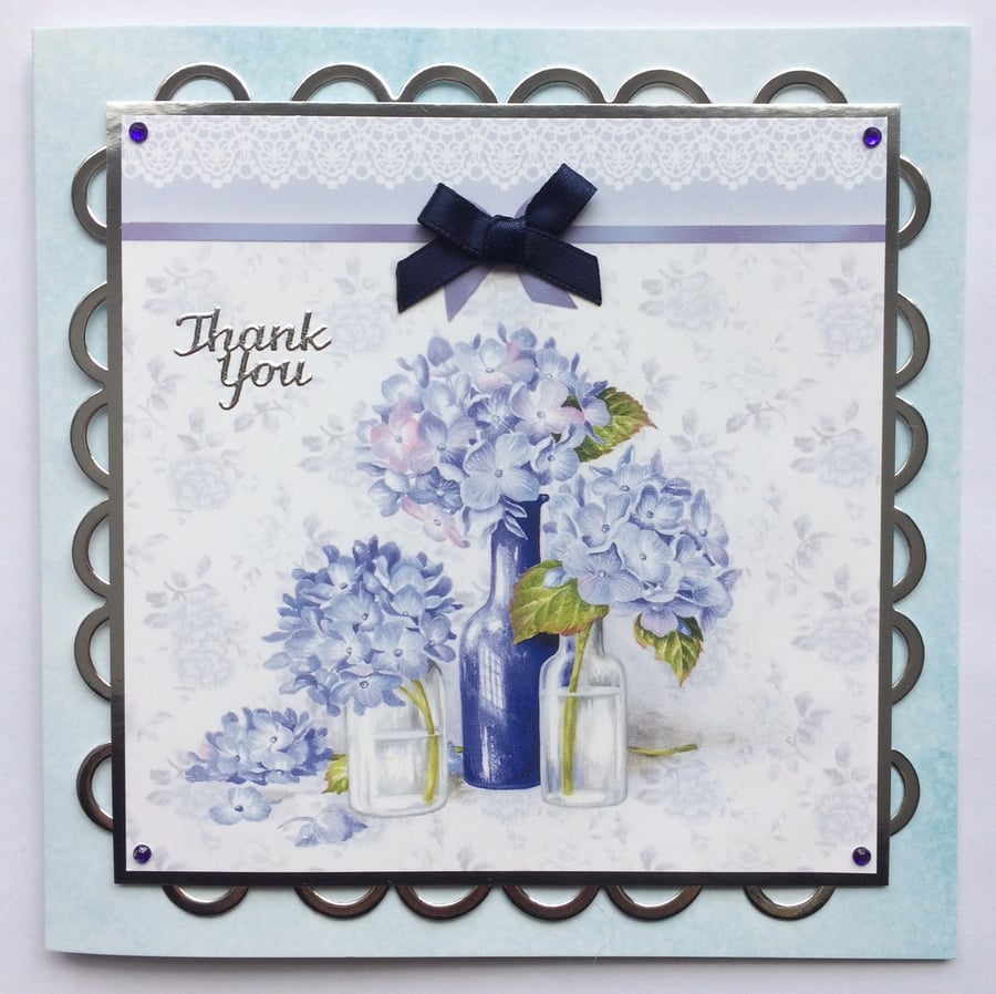 Thank You Handmade Card Vases of Hydrangeas Flowers 3D Luxury Handmade Card