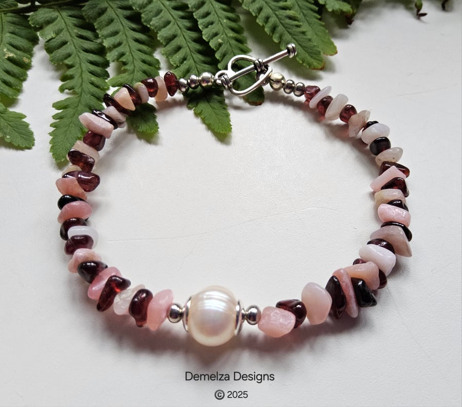 Pink Opal, Red Garnet & Cream Freshwater Culture Pearl Bracelet 