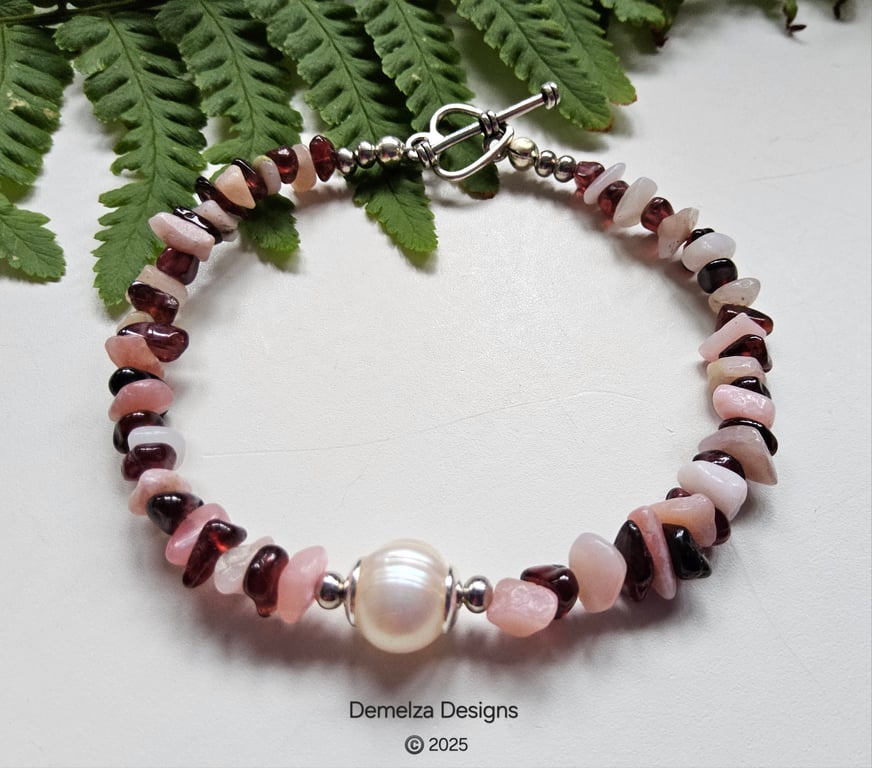 Pink Opal, Red Garnet & Cream Freshwater Culture Pearl Bracelet 