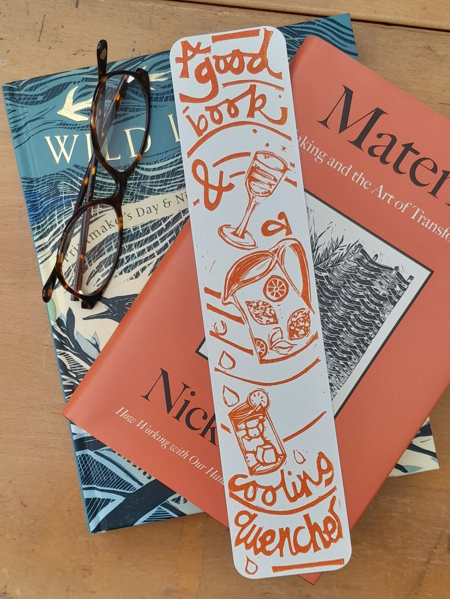 'A Good Book and a Cooling Quencher', Lino Printed Bookmark