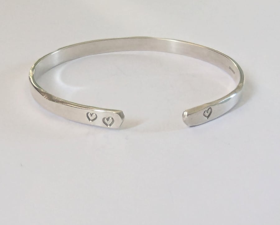 Heart Bangle, Recycled Sterling Silver, Hand Stamped