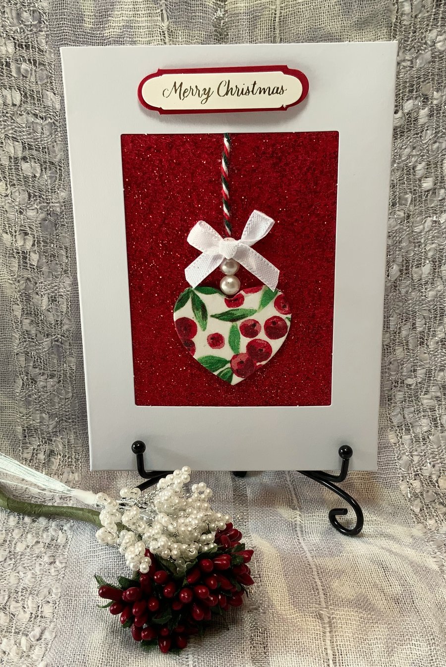 Holly & Berry Heart Bauble Christmas Card