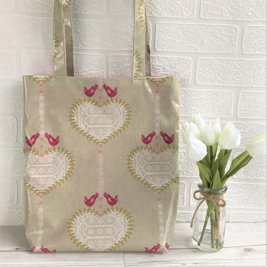 Shabby chic oilcloth tote bag with white hearts and pink birds