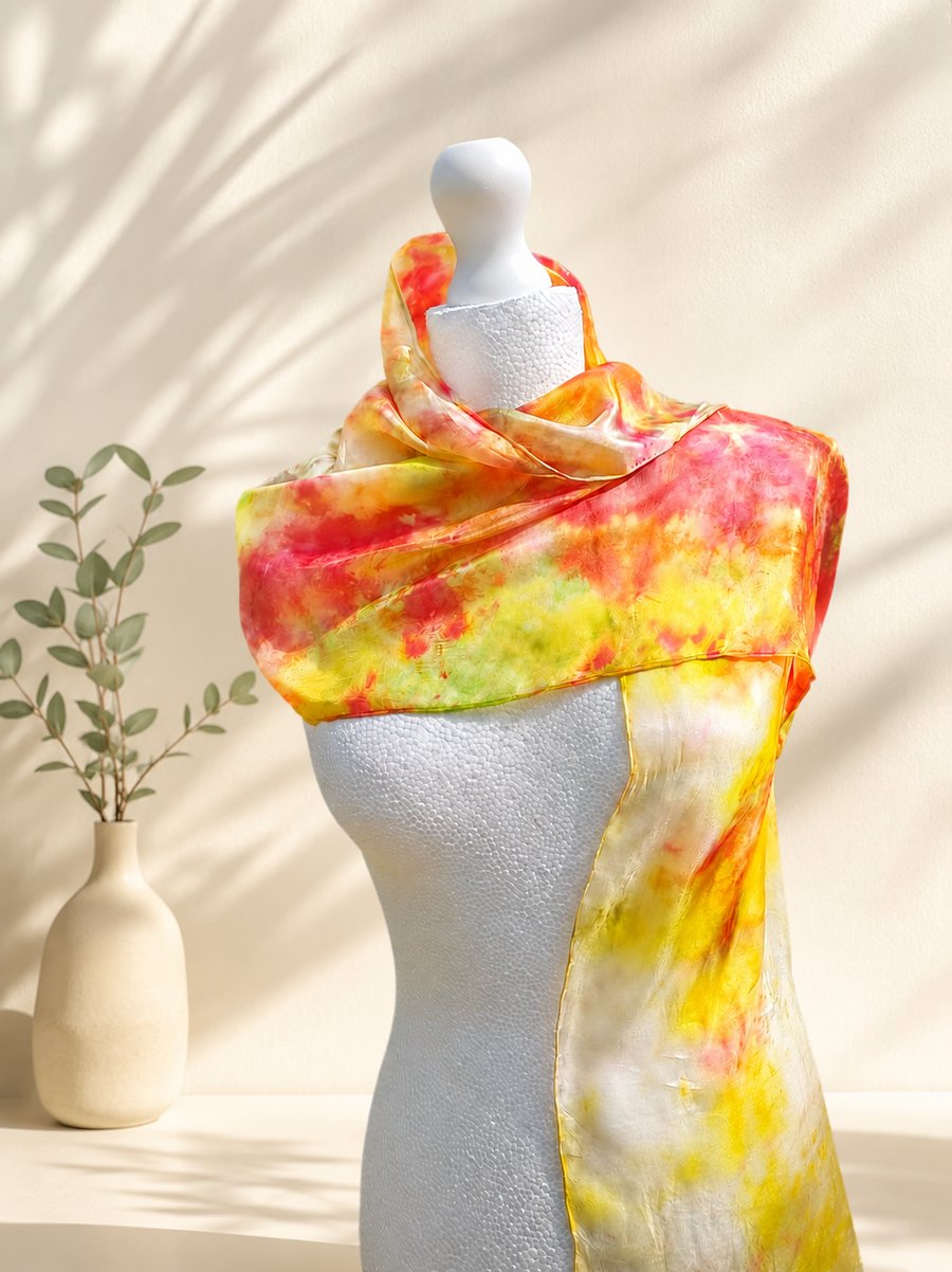 Stunning Pure Silk Hand Dyed Scarf in Yellows and Red.  'Sunburst'
