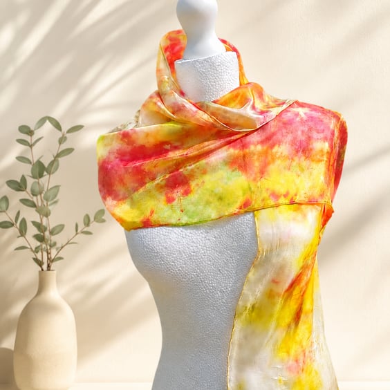 Stunning Pure Silk Hand Dyed Scarf in Yellows and Red.  'Sunburst'