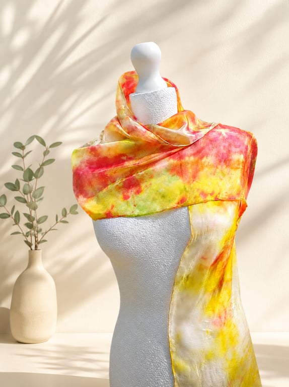 Stunning Pure Silk Hand Dyed Scarf in Yellows and Red.  'Sunburst'