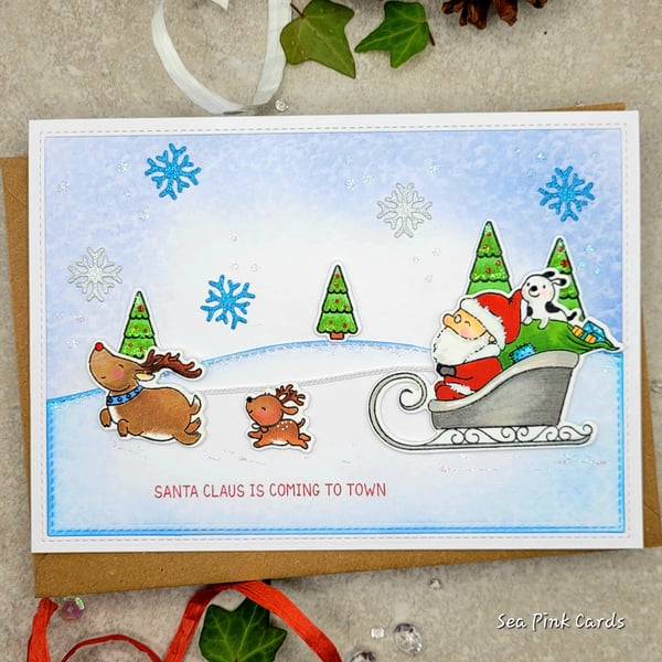 Christmas Card - handmade christmas cards - santa sleigh reindeer