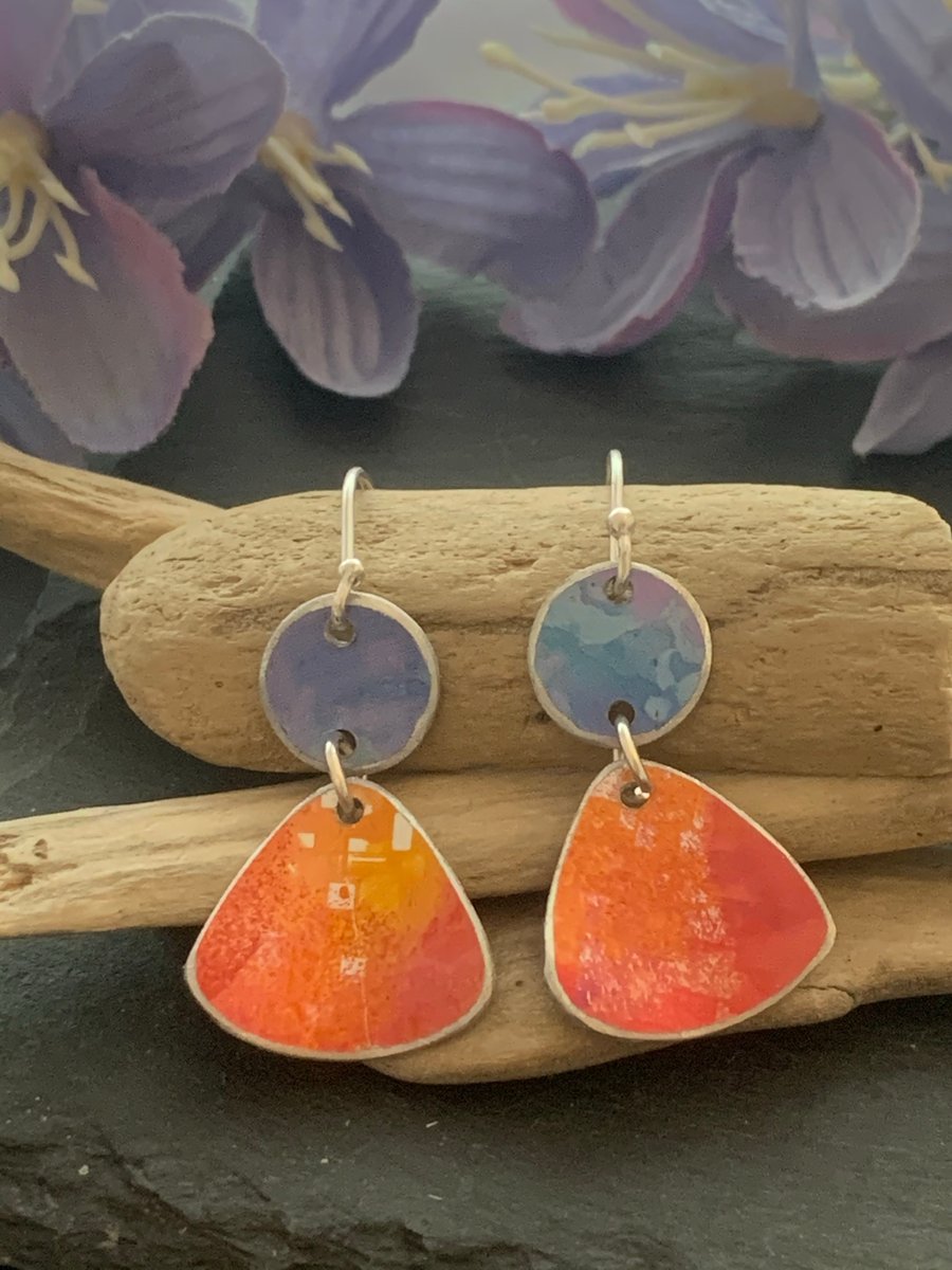 Water colour collection - hand painted aluminium earrings orange and cornflower 