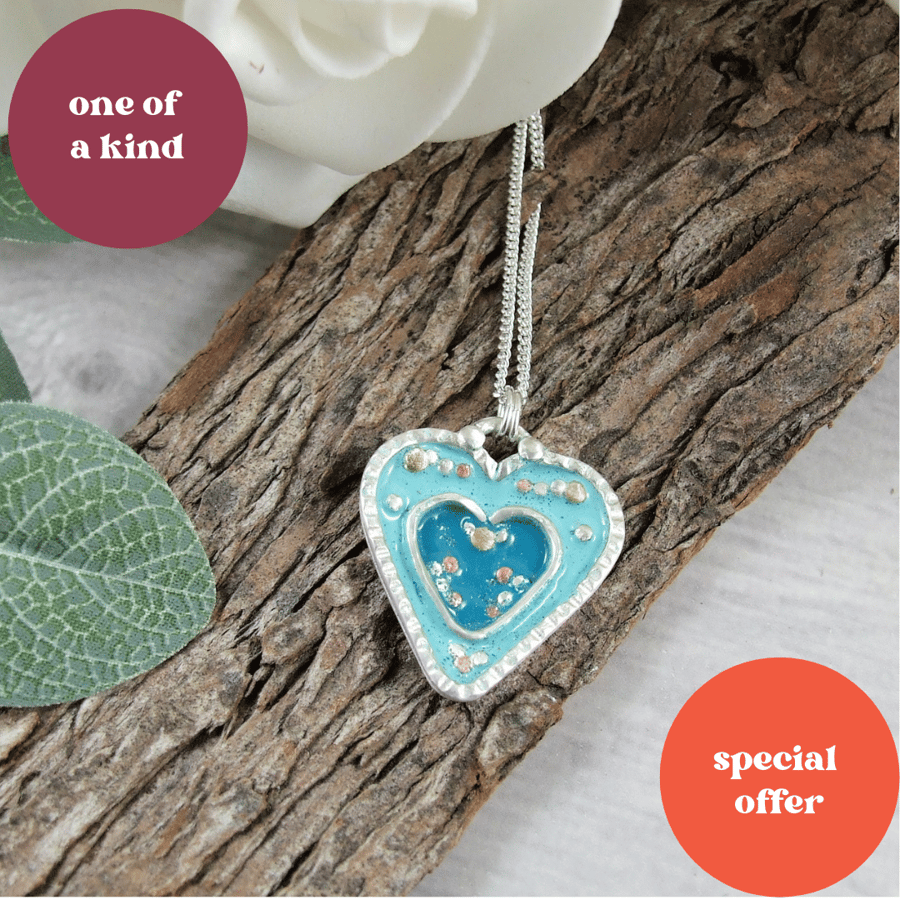 Hearts Silver and Enamel Pendant. Two Nested Hearts with Turquoise Enamel