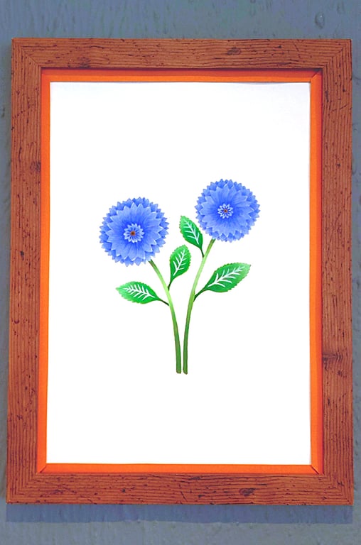 Genuine Made in UK Framed A3 Print Blue Dahlia Bold Orange Border Wallart     