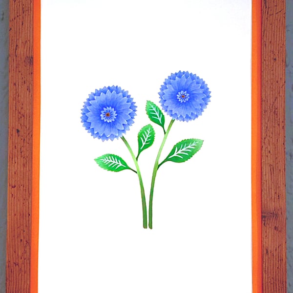 Genuine Made in UK Framed A3 Print Blue Dahlia Bold Orange Border Wallart     
