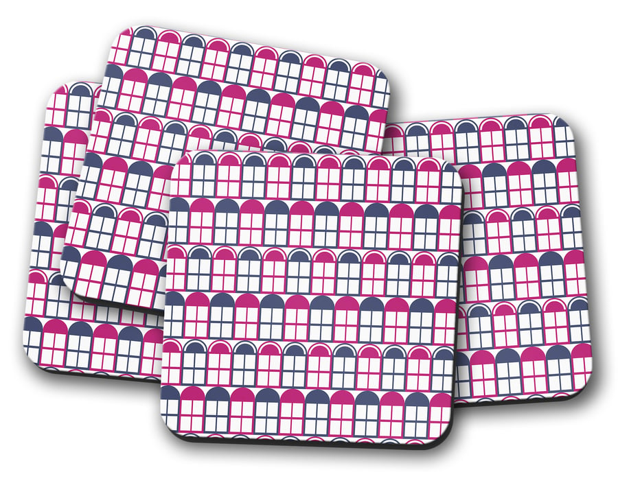 Set of 4 White with Purple and Blue Windows Design Coasters