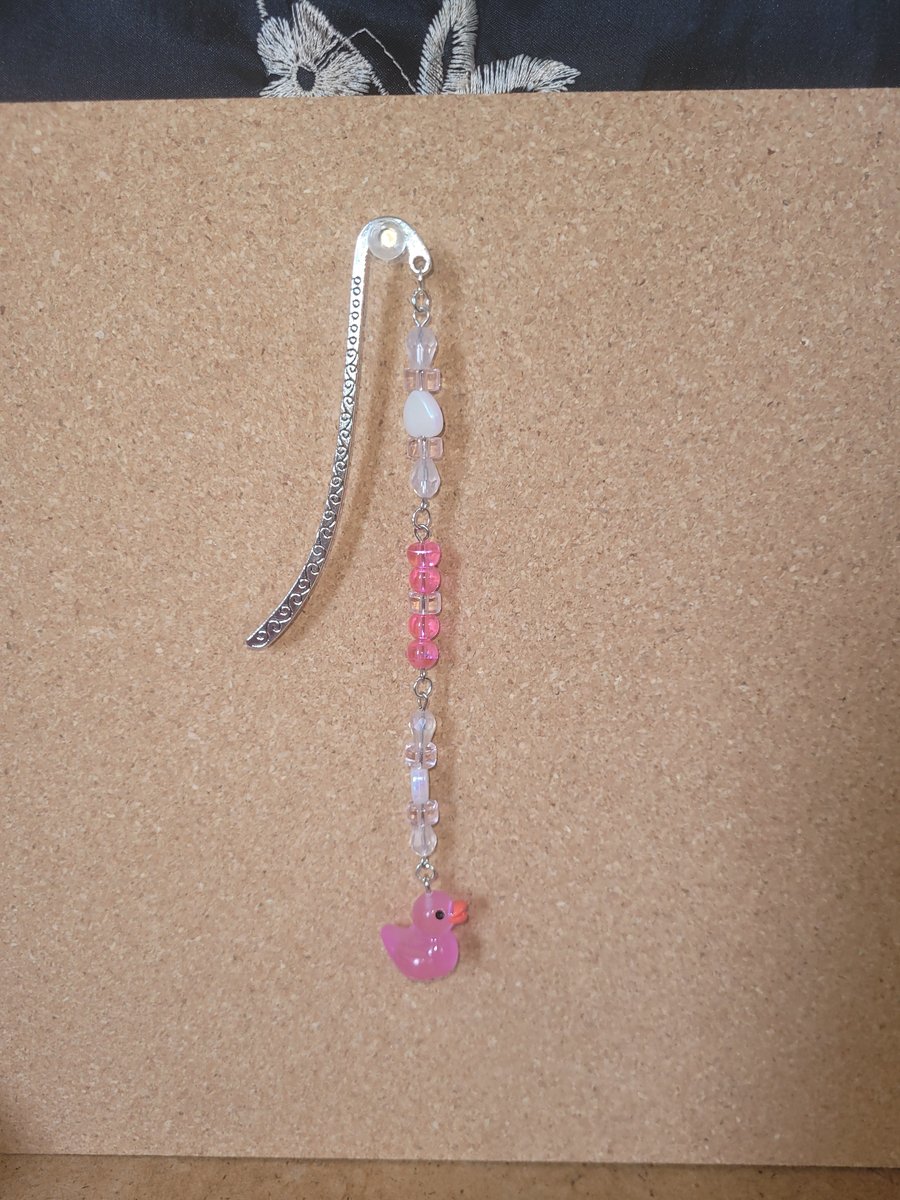 Beaded Metal Bookmark - Pink Duck