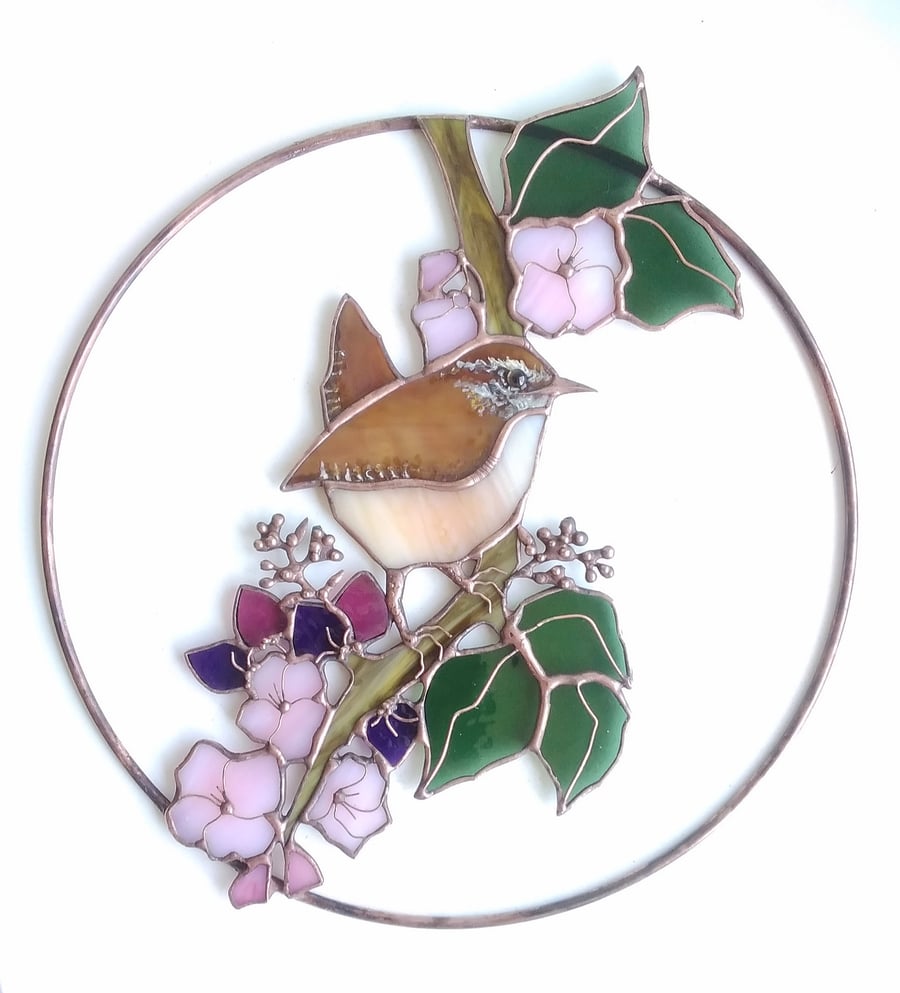 Stained Glass Jenny Wren with Berries - handmade in Hampshire