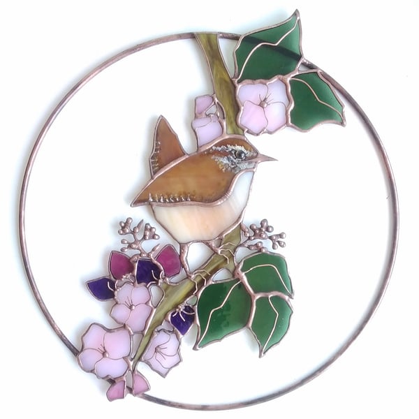 Stained Glass Jenny Wren with Berries - handmade in Hampshire