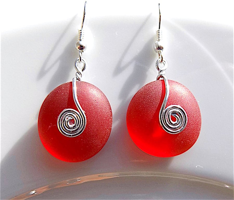 Stunning red sea glass dangle earrings, for pierced ears.