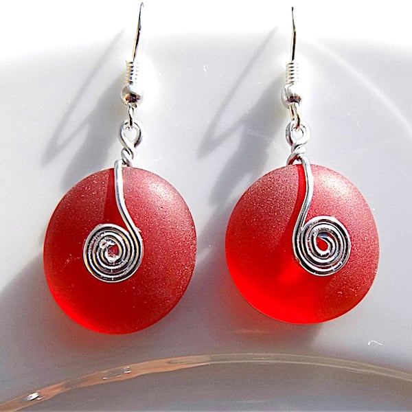 Stunning red sea glass dangle earrings, for pierced ears.