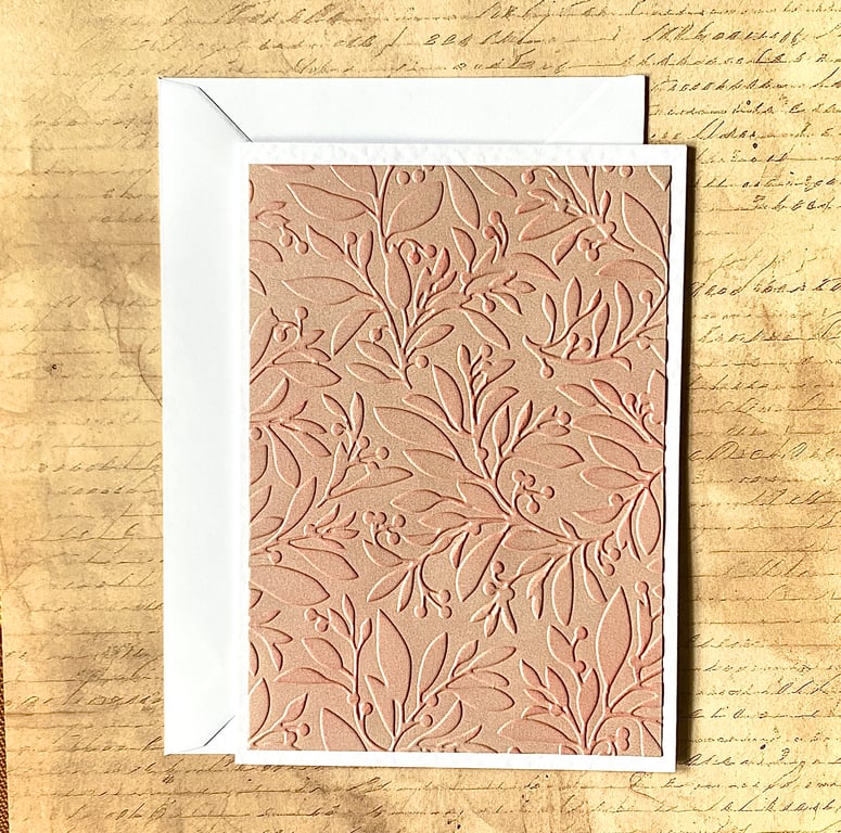 Hand-Inked Embossed Botanical Card – Rose Pink, Blank Card with White Envelope 