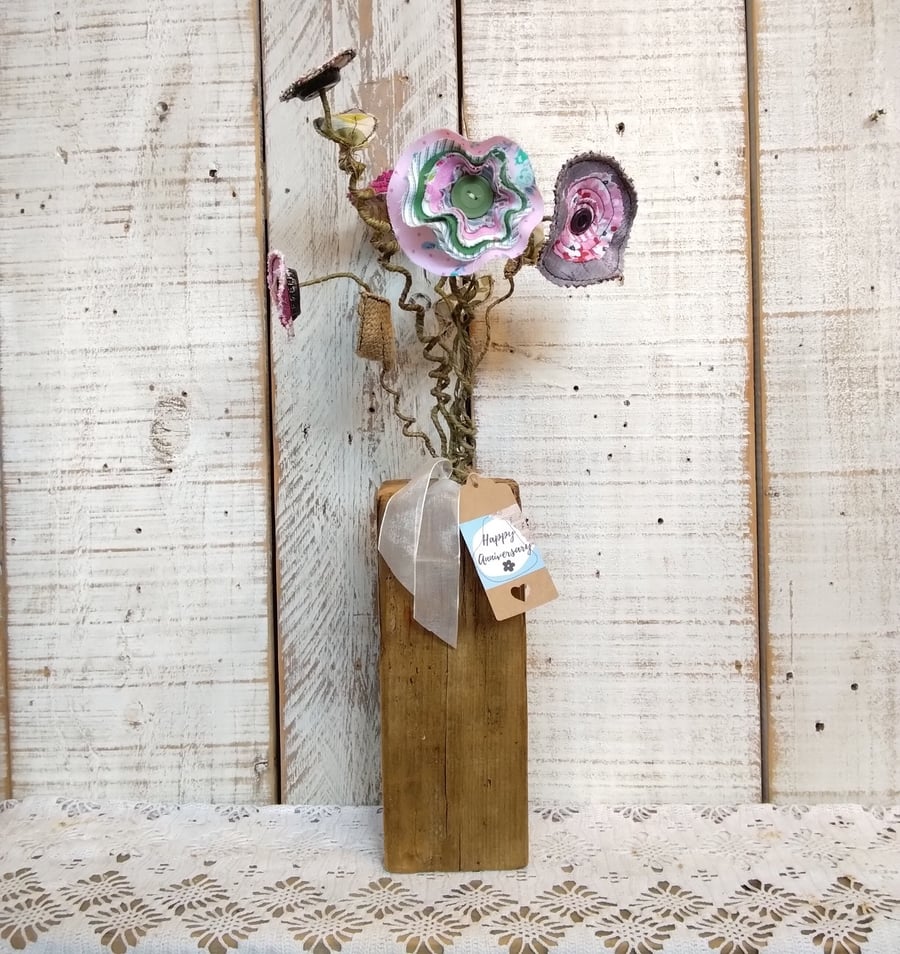 Rustic Handmade Fabric Bouquet With Reclaimed Wooden Block