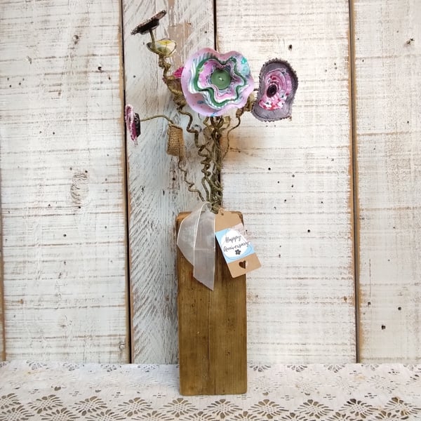Rustic Handmade Fabric Bouquet With Reclaimed Wooden Block