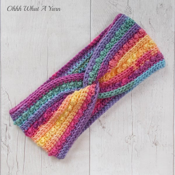 Ladies crochet pastel rainbow twist ear warmer. Ear warmer. Rainbow headband.