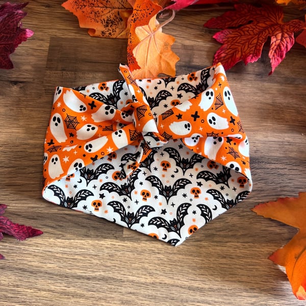 Tie On Fully Reversible Dog Bandana - Ghosts & Bats