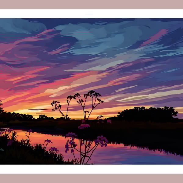 Sunset on the Creek Nordelph Norfolk Field Greeting Card A5 Size 