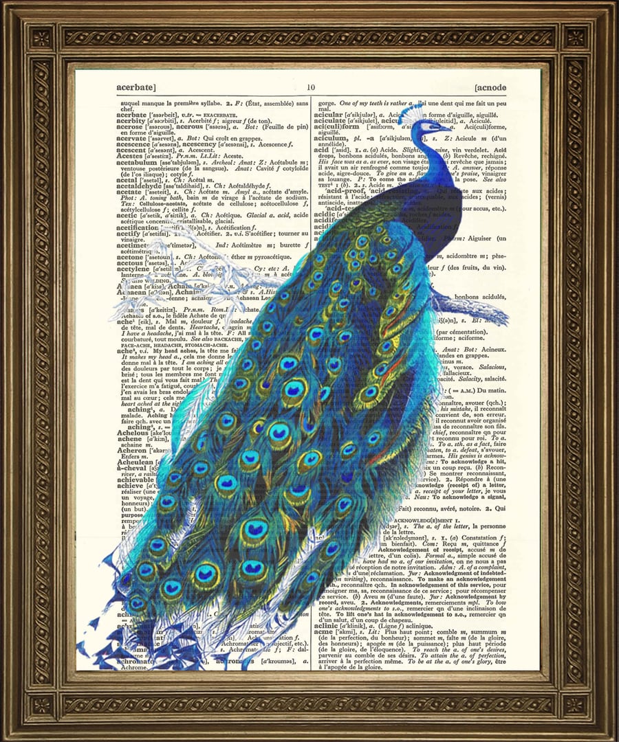 Blue Peacock Art: Dictionary Print Bird Wallhanging
