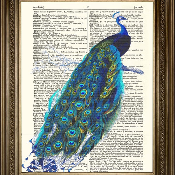 Blue Peacock Art: Dictionary Print Bird Wallhanging