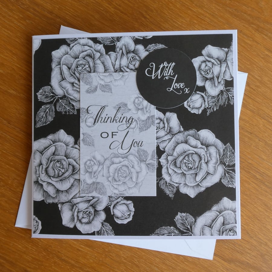 Thinking Of You Card - Monchrome Roses