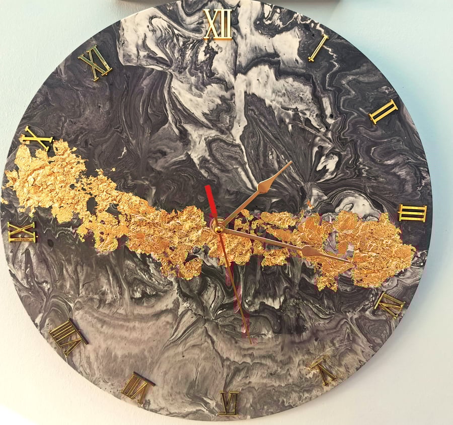 Large Wall Clock, Grey and White Marbling with Gold accents