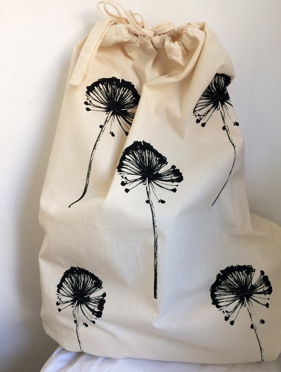 Allium Seedheads hand printed natural cotton large laundry bag drawstring bag 