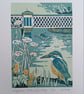 'Kingfishers at the old gas bridge' - linoprint - Image 3