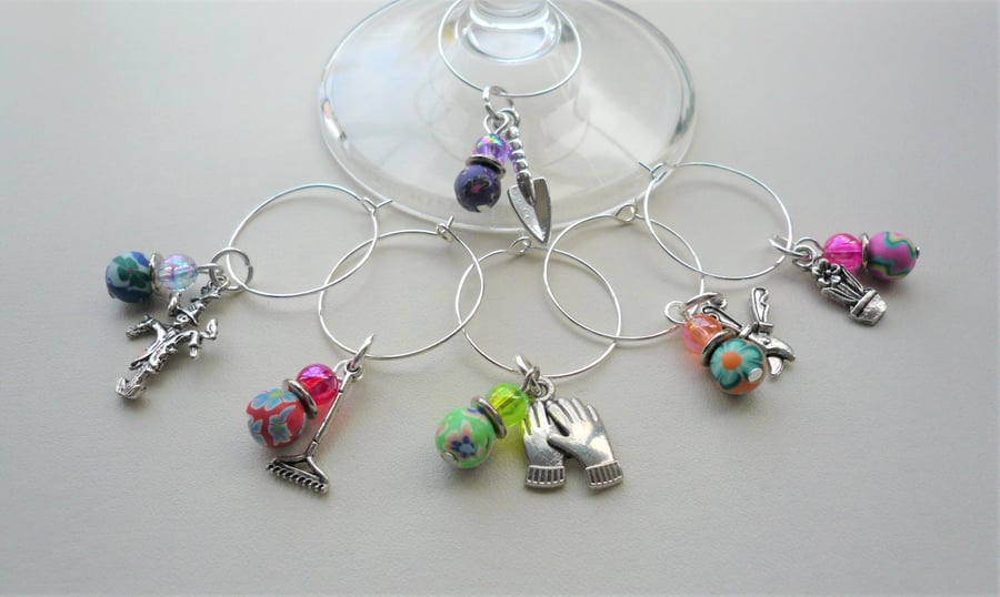 Gardening Themed Polymer Clay Acrylic Bead Wine Glass Charms  KCJ2623