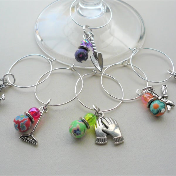 Gardening Themed Polymer Clay Acrylic Bead Wine Glass Charms  KCJ2623