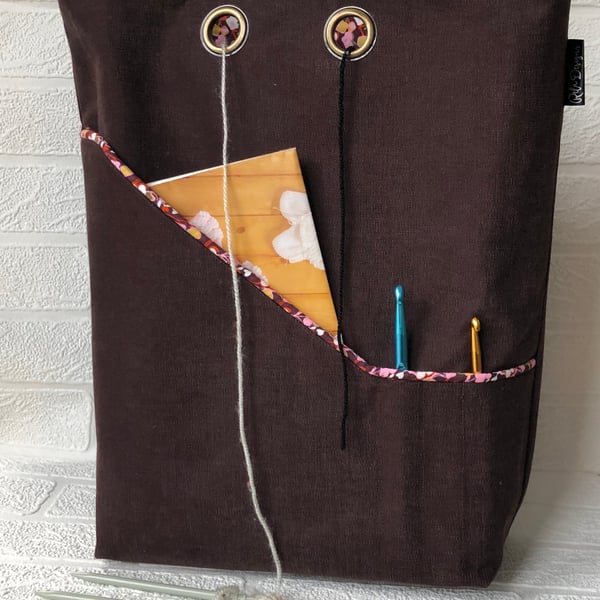 Knitting project bag, chocolate brown