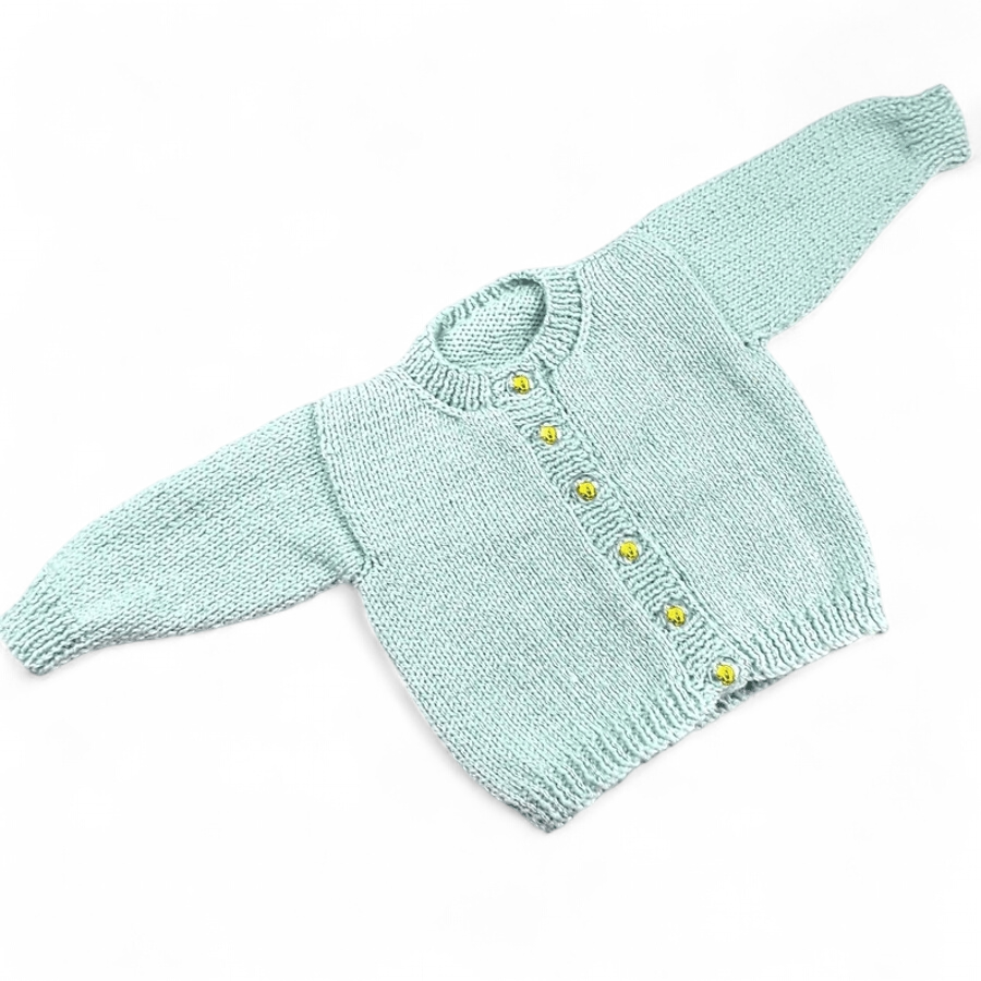 Gender-Neutral Baby Cardigan, Hand Knitted in Duck Egg Blue