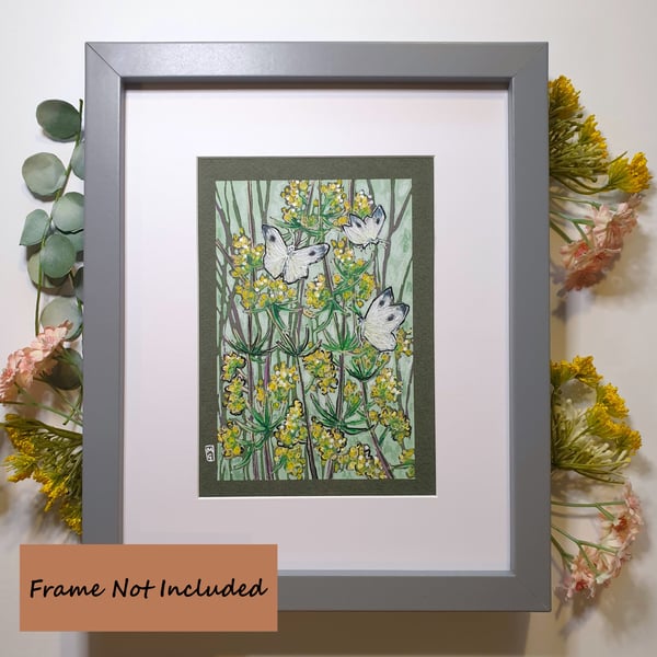 Cabbage White Butterflies with yellow flowers original drawing, insect art