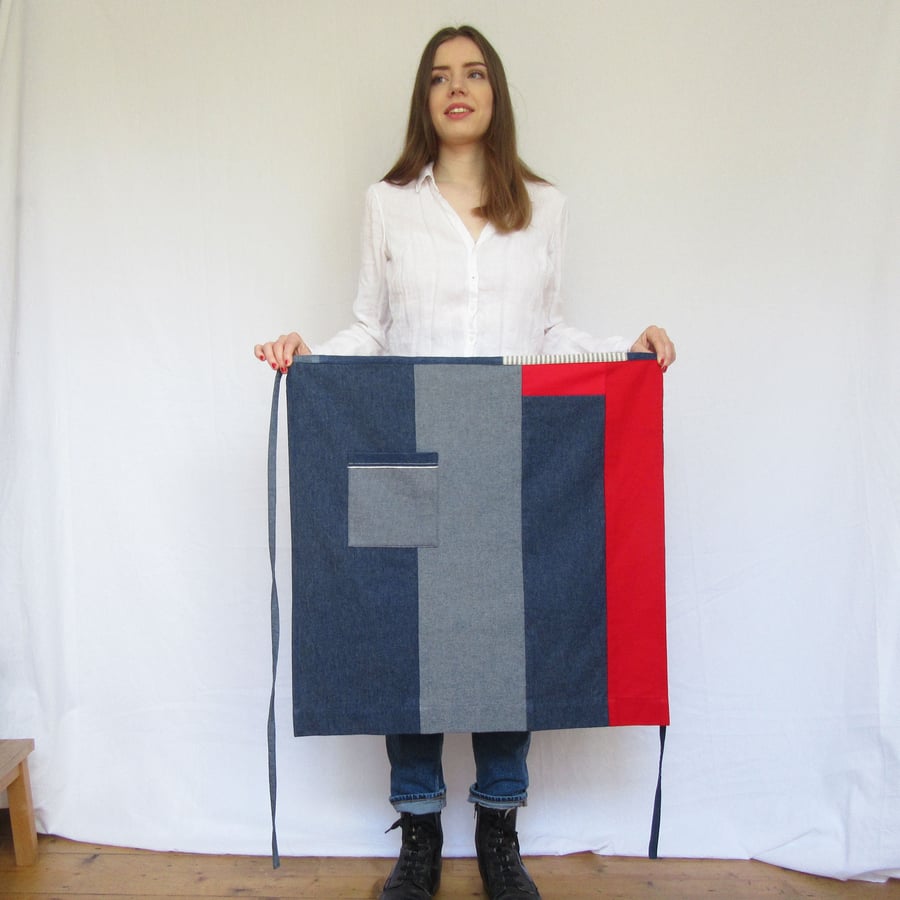 One-of-a-kind Denim Patchwork Half Apron, Upcycled Fabric.