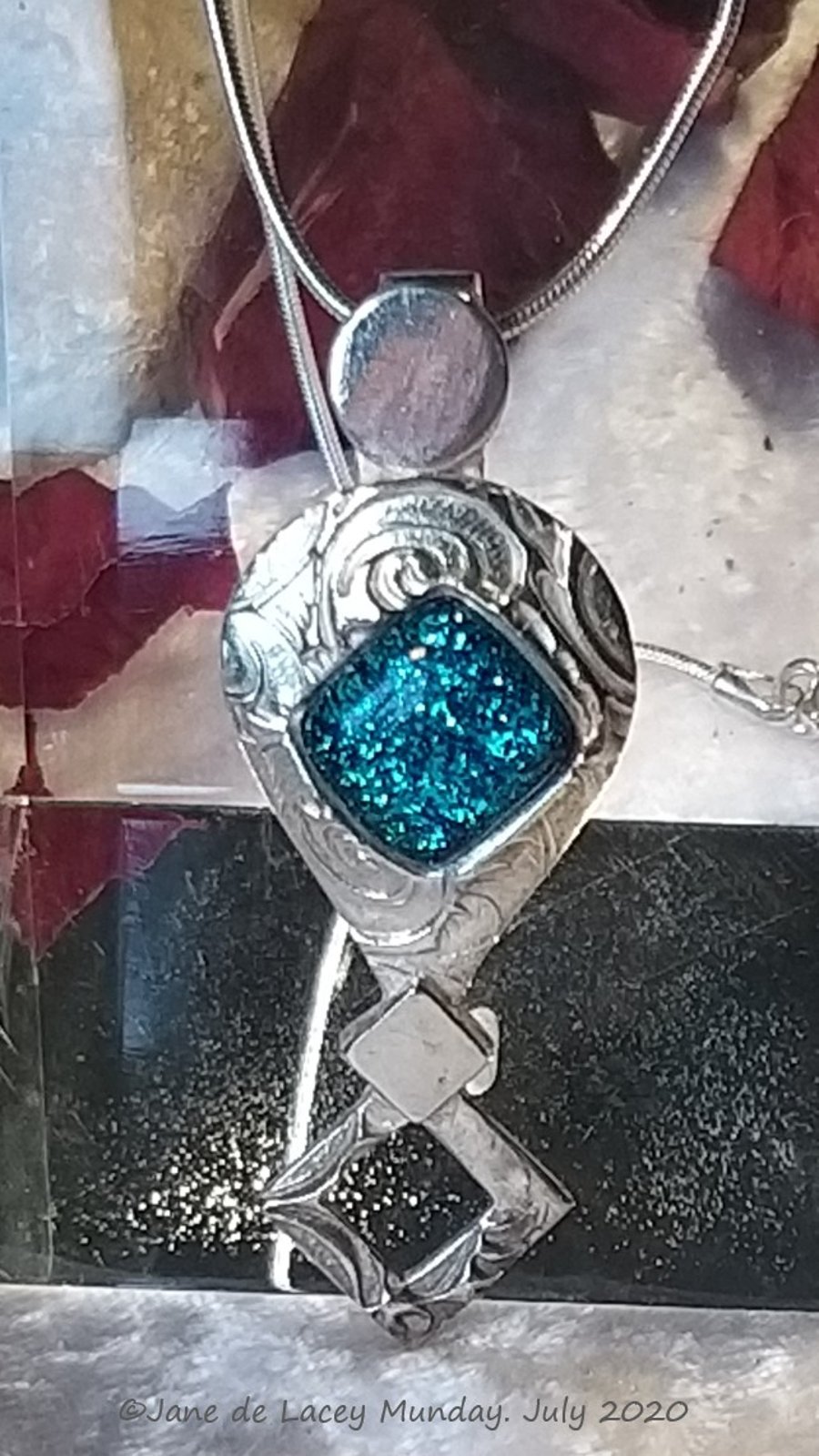 Fine Silver Pendant with Turquoise glitter fused glass Cabachon