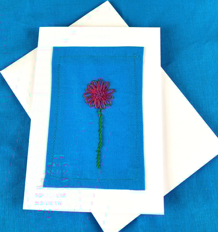 Pink daisy hand embroidered flower card.
