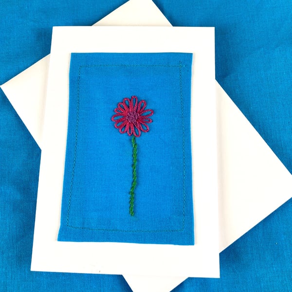 Pink daisy hand embroidered flower card.