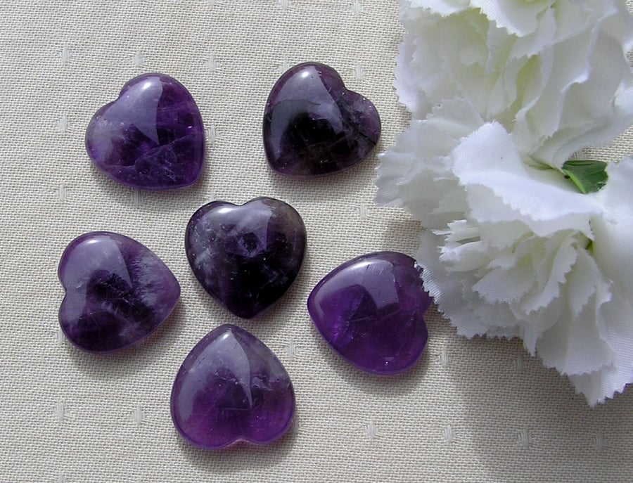 6 Purple Amethyst Solid Gemstone Polished Hearts - 20mm - Chakra Crafting
