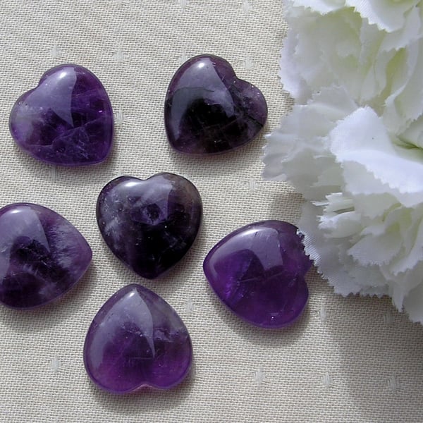 6 Purple Amethyst Solid Gemstone Polished Hearts - 20mm - Chakra Crafting