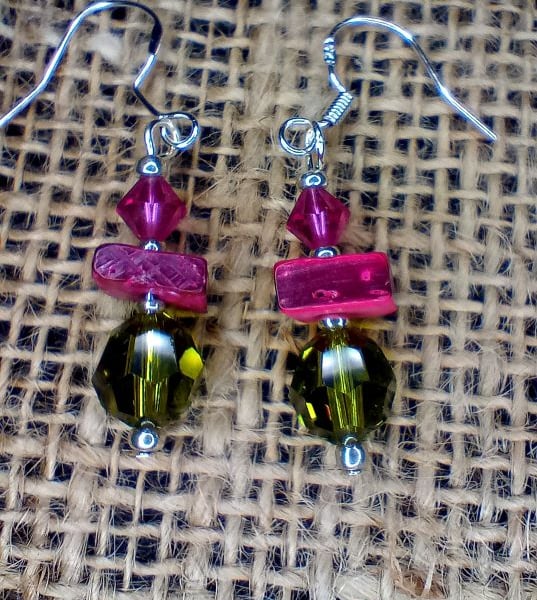 Earrings pink green drop ear wires 7