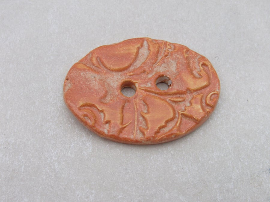 Large Terracotta Glazed Brocade Oval Handmade Ceramic Button