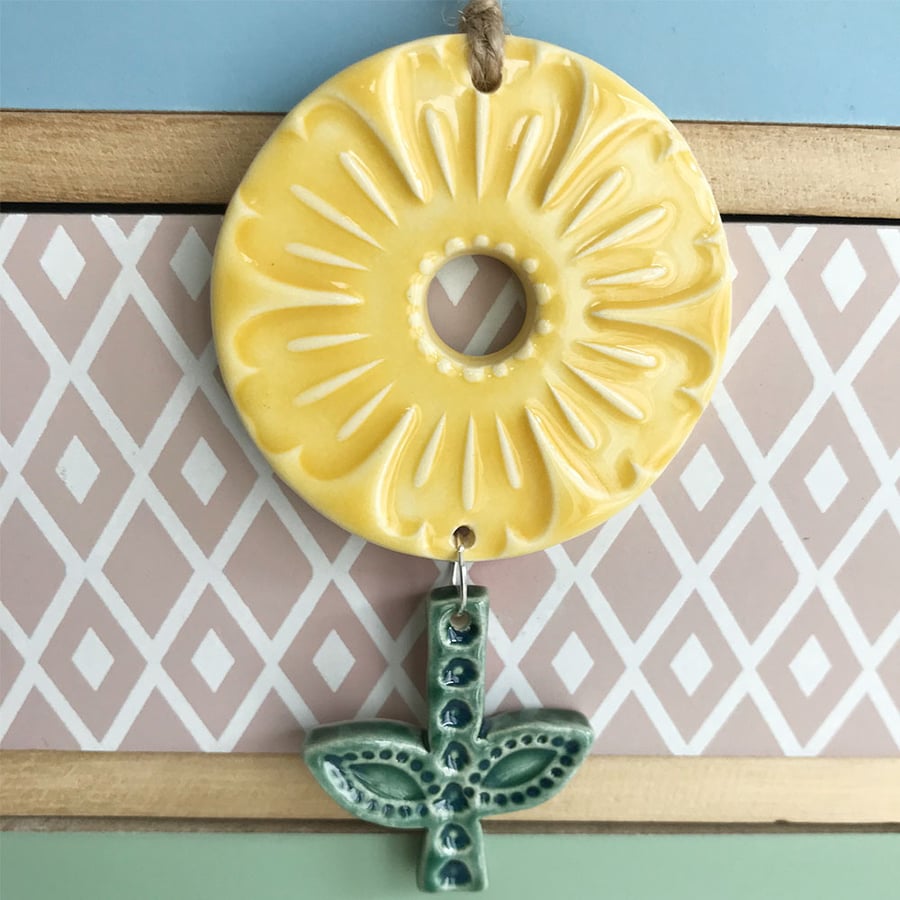 Retro style pottery hanging flower decoration yellow