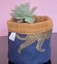 Small fabric basket: plant pot, cosmetics etc Gold jaguar on navy - Image 4