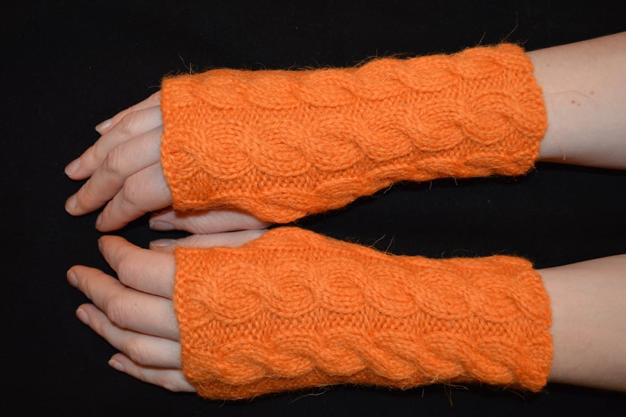Woollen Wrist Warmers Cable Knit fingerless gloves, mittens in orange wool