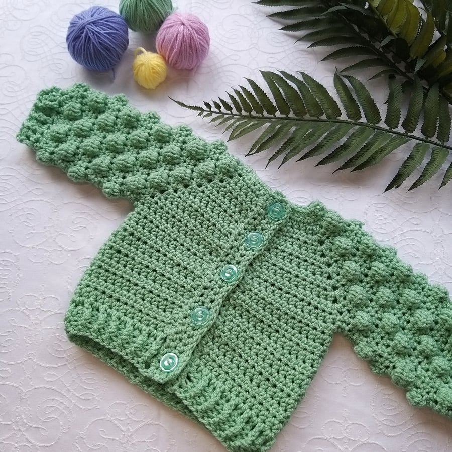 Crochet Bobble Cardigan Size 0-3 months Jade Green 